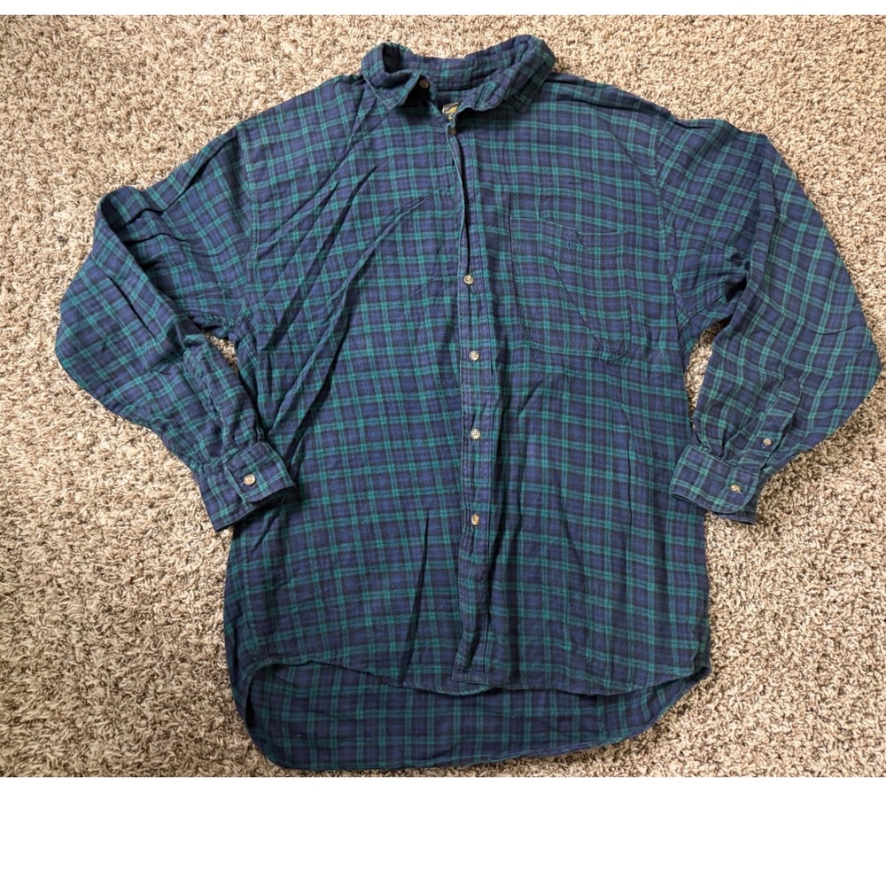 Vintage Eddie Bauer Men L Flannel Shirt Blue Green Plaid Cotton Button Down